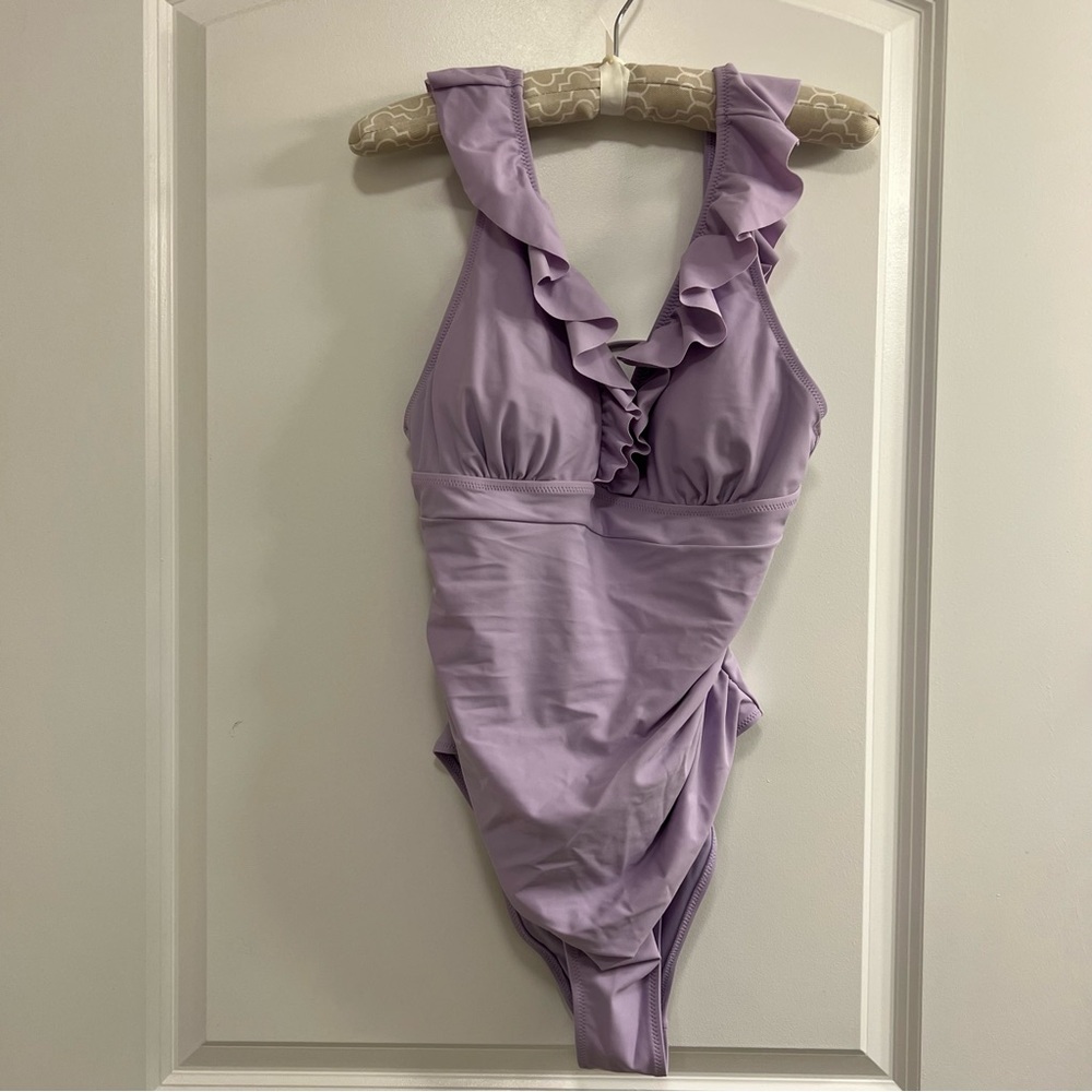 Unbranded Ruffle Plunge One-Piece Swimsuit Lavender Purple Padded